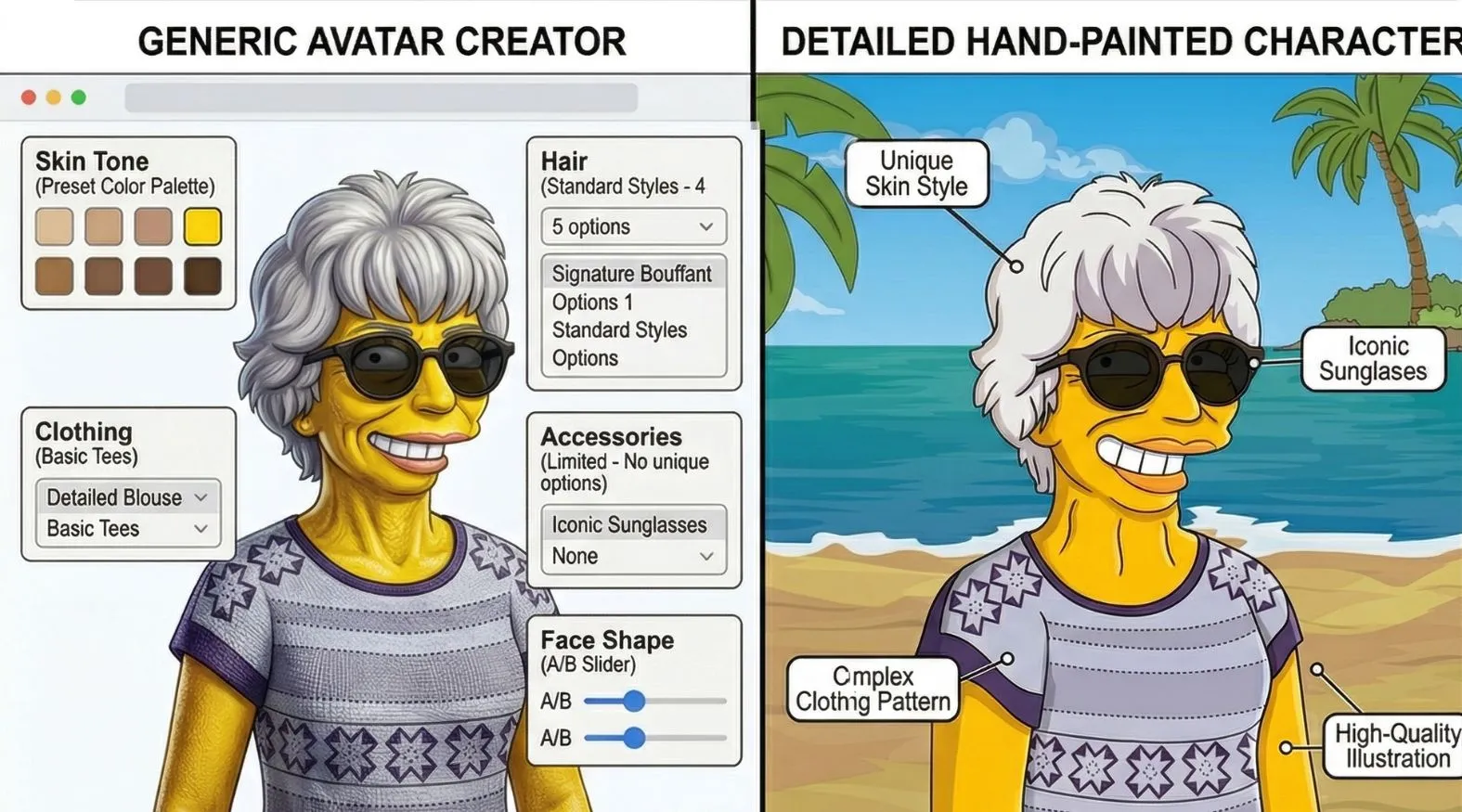 Comparison showing a generic avatar creator next to a highly detailed, hand-drawn yellow cartoon character