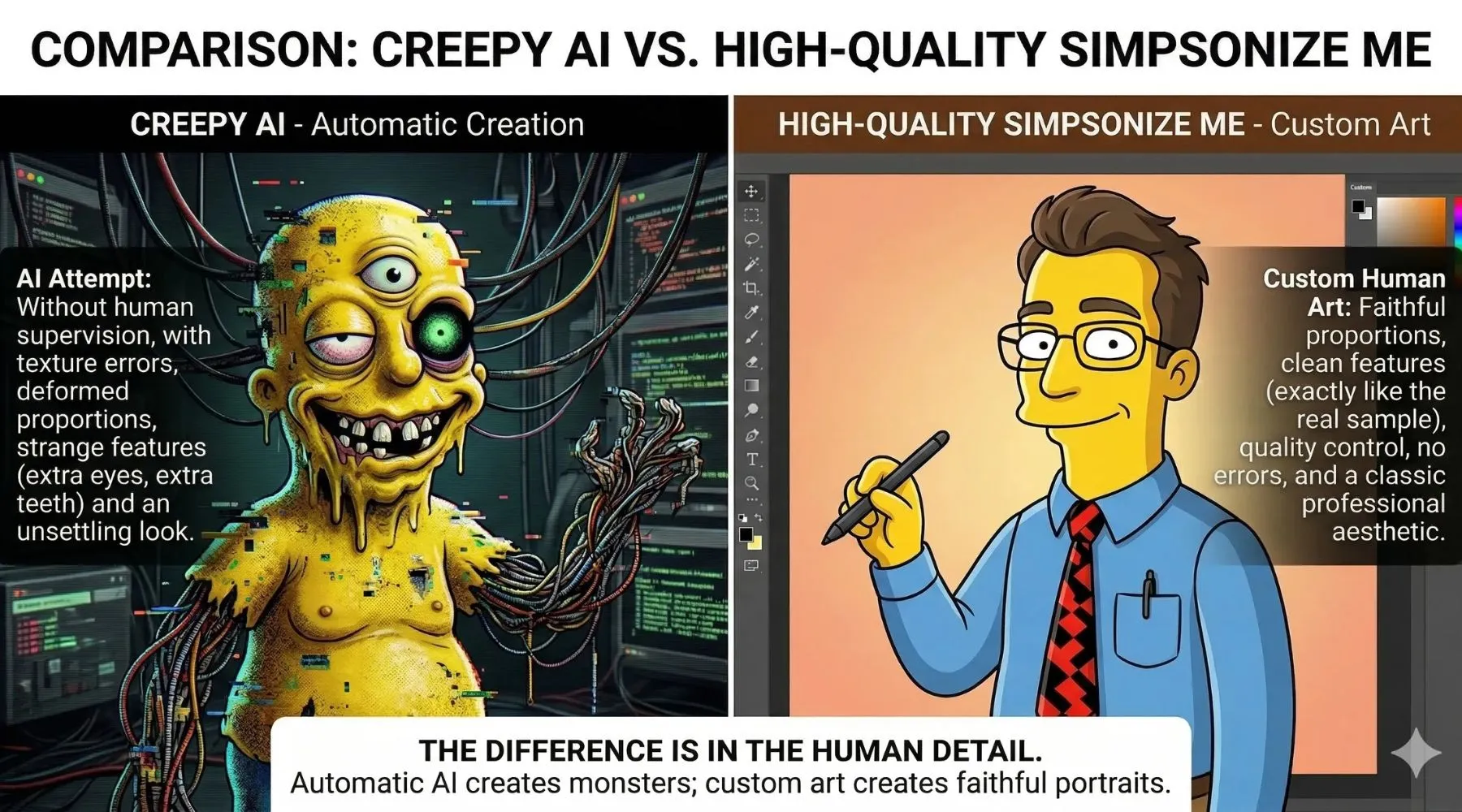 Comparison between a creepy AI generated yellow character and a high-quality custom Simpsonize Me portrait