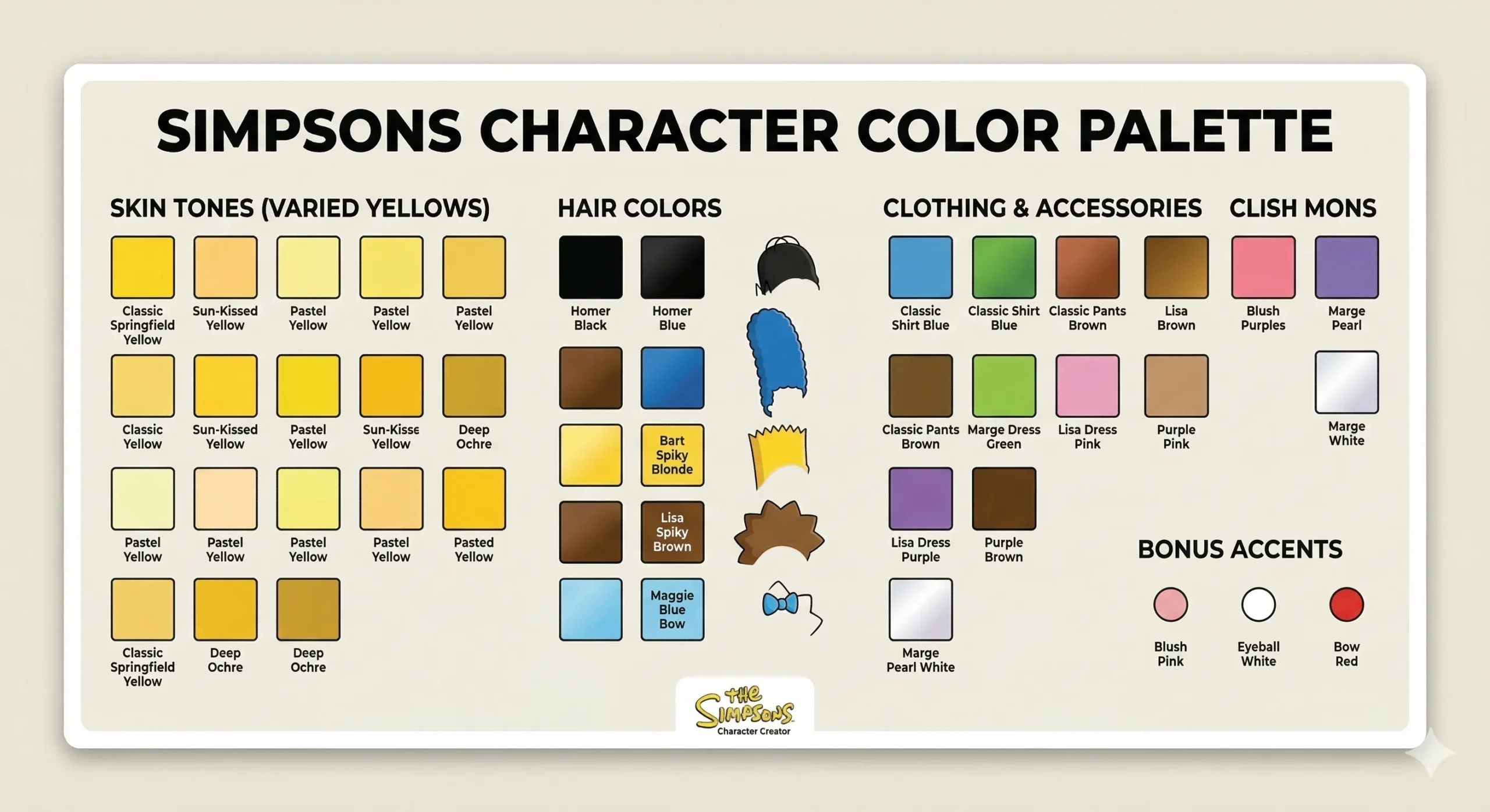 Simpsons Character Color Palette showing standard yellow skin tones and hair colors for OC making