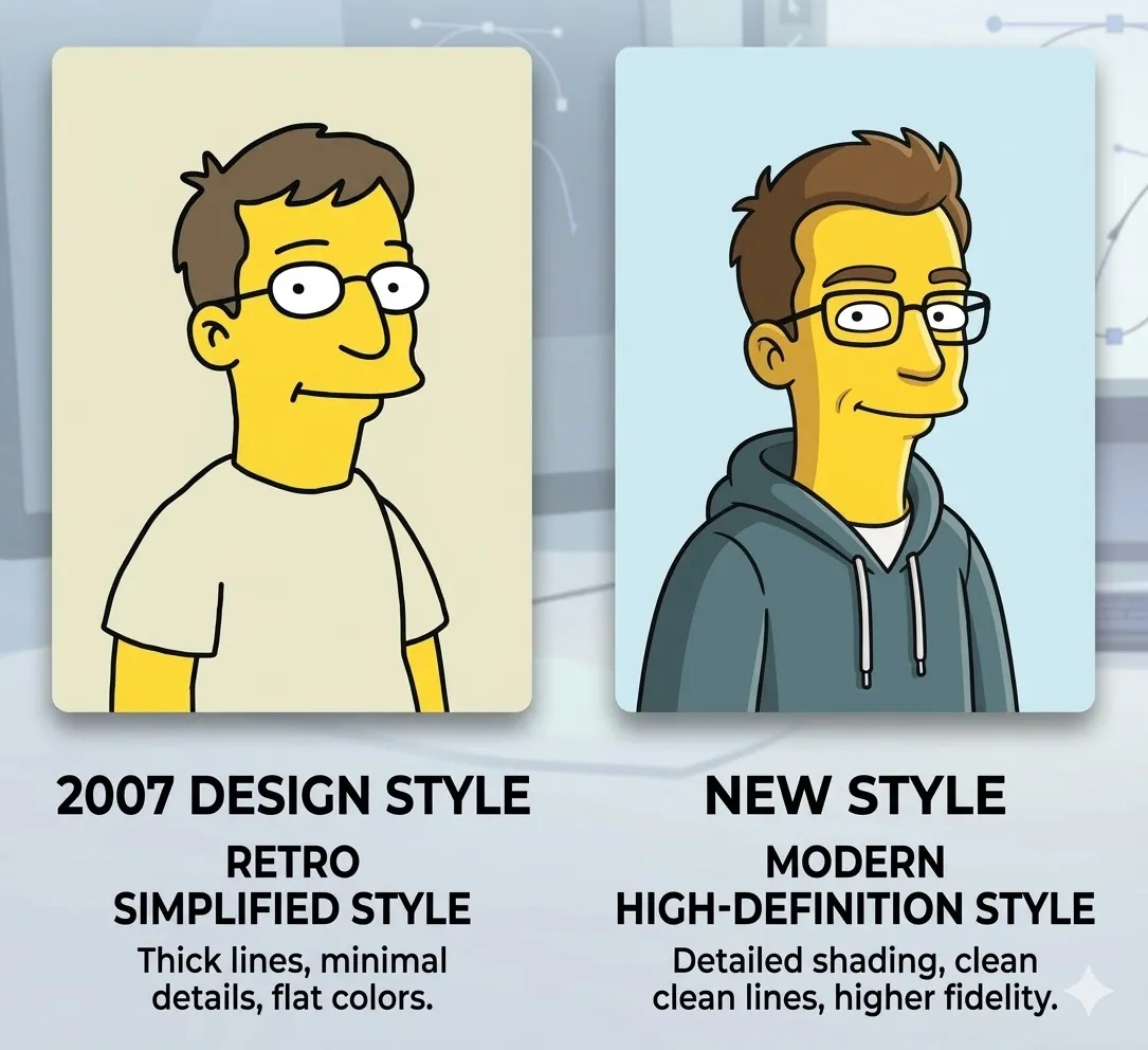 Evolution from a clunky 2007 retro avatar to a modern, highly detailed custom Simpsonize Me portrait